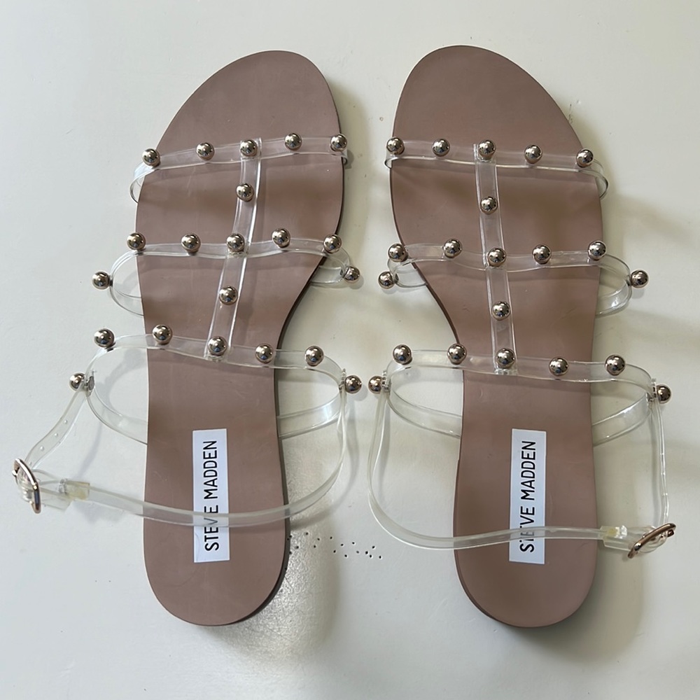 Steve Madden Clear Sandals with Gold Beads - EUC Women’s Size 9